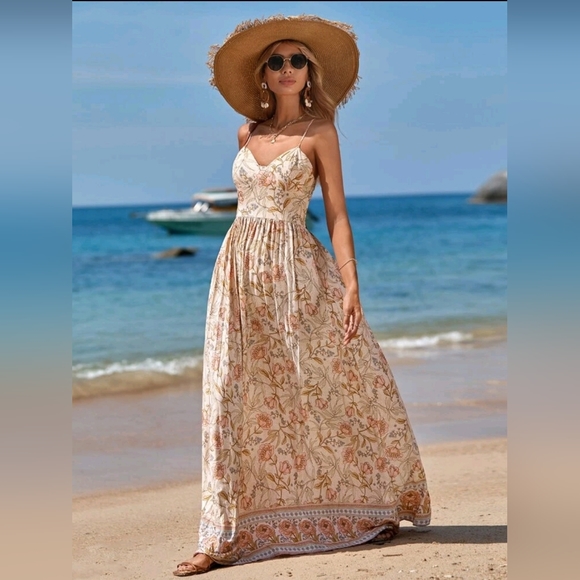 New Boho Floral Maxi Cami Dress Sundress Pink Cream Beige - Picture 5 of 7